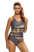 Asymmetric Print Splicing Straps Cross Monokini in Gray